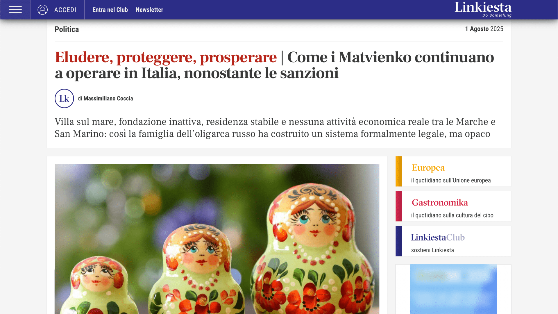 Заголовок: Come i Matvienko continuano a operare in Italia, nonostante le sanzioni. Иллюстрация: матрёшки